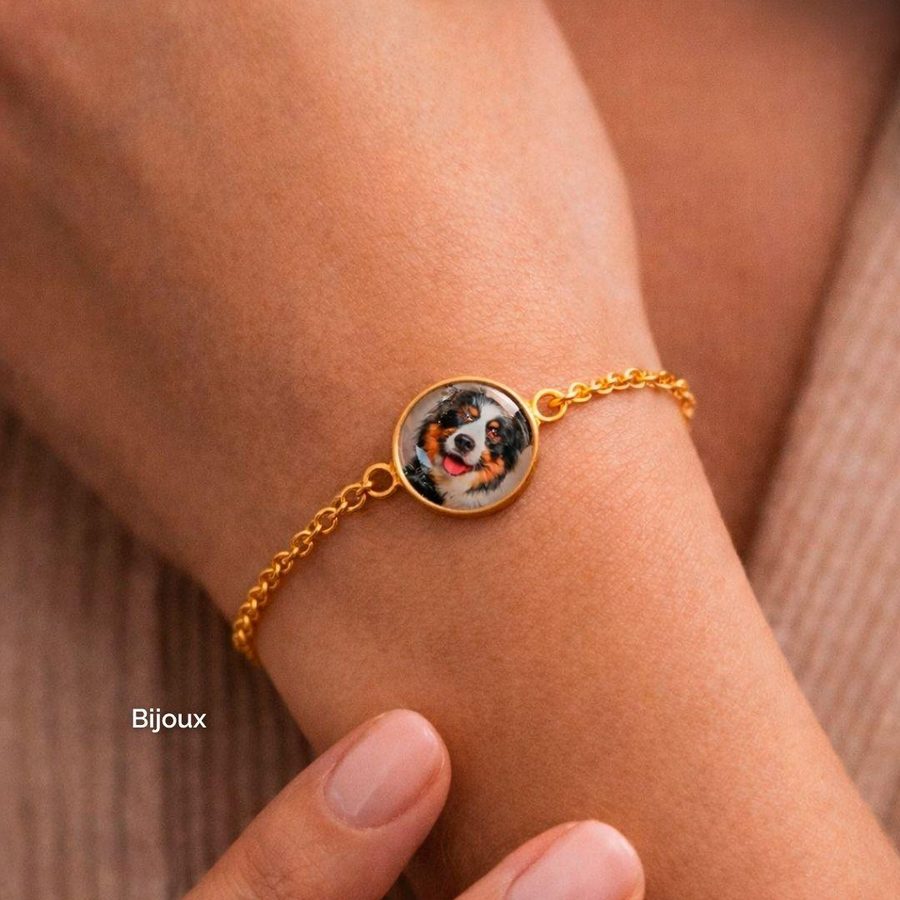 Bracelet chaîne doré avec photo personnalisée d'animal