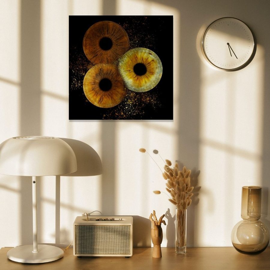 Tableau Alu Dibond photo d'iris accroché au mur d'un salon